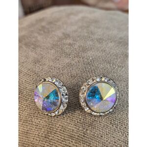 Rivoli Crystal Rhinestone Pierced Earrings  Vintage Statement AB Gorgeous!!